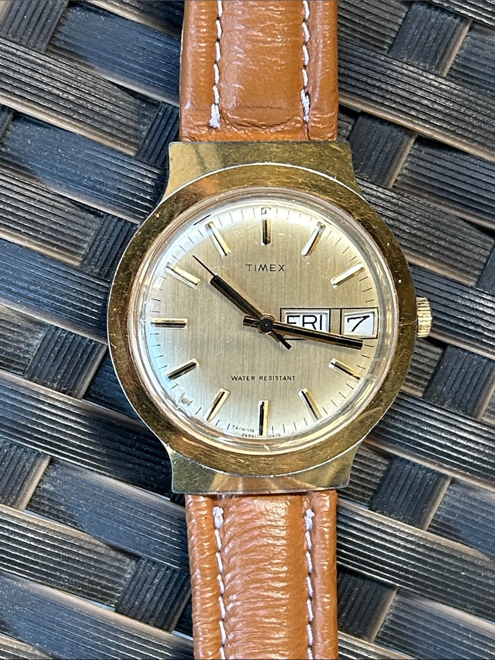 1978 Timex Marlin - Gold Tone Case with Brown Leather Strap Watch